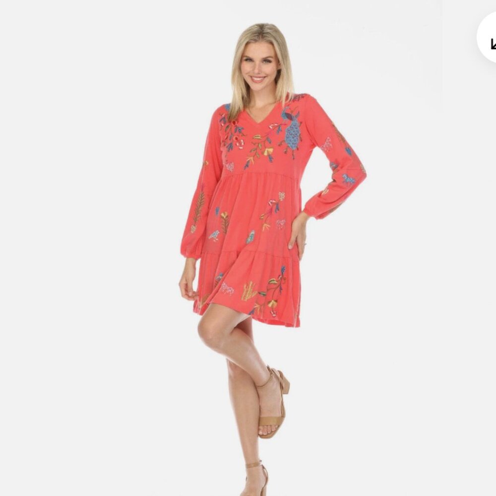 Johnny Was Adela Tiered Knit Dress Boho Floral Embroidered Pink Small